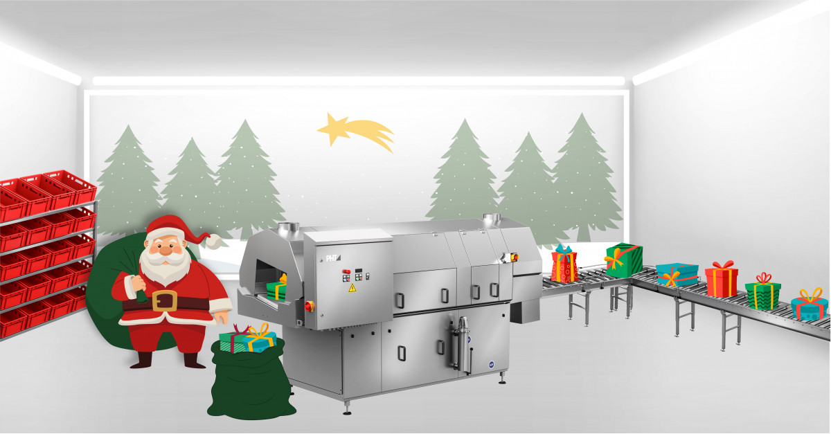 Abbildung einer Weihnachts-Werkstatt mit Geschenken, dem Weihnachtsmann und PHT-Hygiene-Anlagen