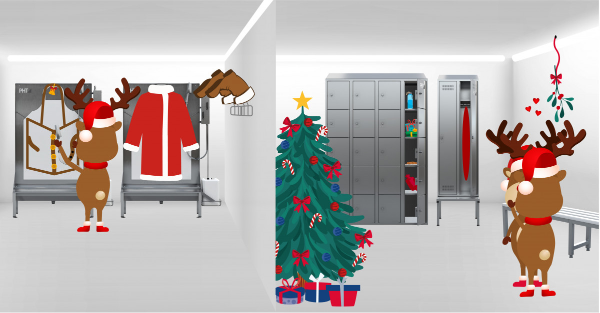 Abbildung einer Weihnachts-Werkstatt mit Rentieren und PHT-Hygiene-Anlagen